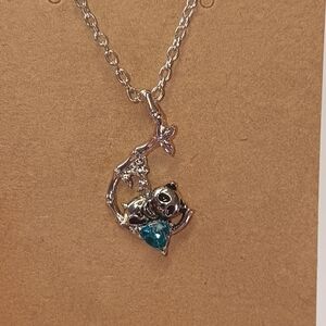 Silver Chain Panda Pendant Necklace Blue Heart-shaped Faux Gemstone Dainty Cute